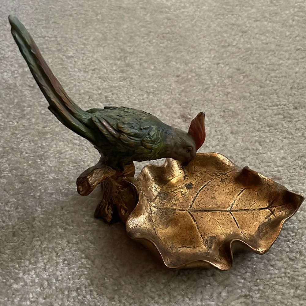 Vintage Parrot Bird Figurine on Gold Leaf Basin